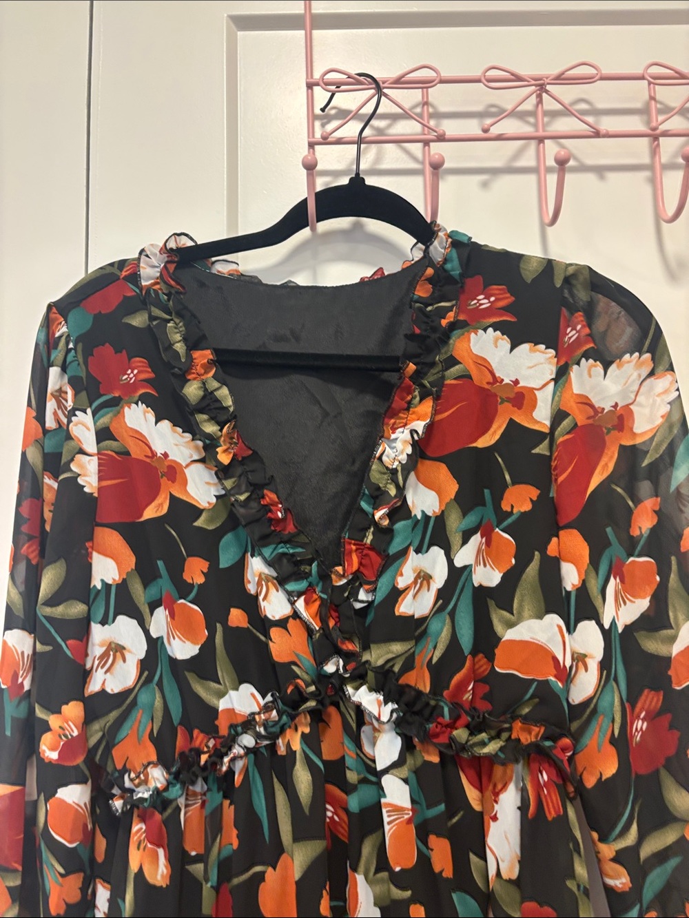 Floral V-Neck Long Sleeve Maxi Dress in Black and Rust - Picture 2 of 7